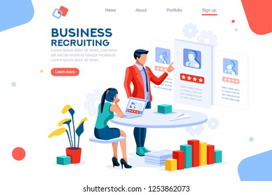 Infographic of employment leadership. Recruit for business, recruitment presentation. Job hr resource, businessman employer character with text. Flat isometric concept vector illustration.