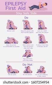 infographic of epilepsy first aid how to do when seizure, cartoon character flat vector illustration