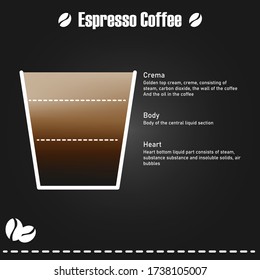 Infographic Espresso Komponenten, Espresso Kaffee ist seit über 40 Jahren erhältlich. Kann das Bild als Shop Dekoration drucken oder Informationen in einem Café geben. Illustration und Vektor
