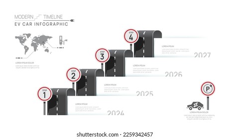 Plantilla de diagrama de línea de tiempo de vehículos Ev para empresas. 4 Pasos Hoja de ruta moderna con temas viales, para infografías vectoriales, diagramas de flujo, presentaciones.