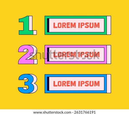 Infographic featuring a 1-2-3 numbered layout with vibrant rectangular text boxes in cartoon hand drawn style vector for presentations, education, instructions, or step-by-step
