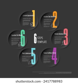 An infographic featuring a 6-step process with colorful numbers and icons on dark circles. The design is sleek and modern, well suited for presentations, slides, social media and flyers.

