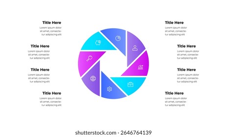 Infographic featuring a 8 segmented circular chart. Business icons and annotations are included for presentation purposes, suitable for data visualizations and professional documents