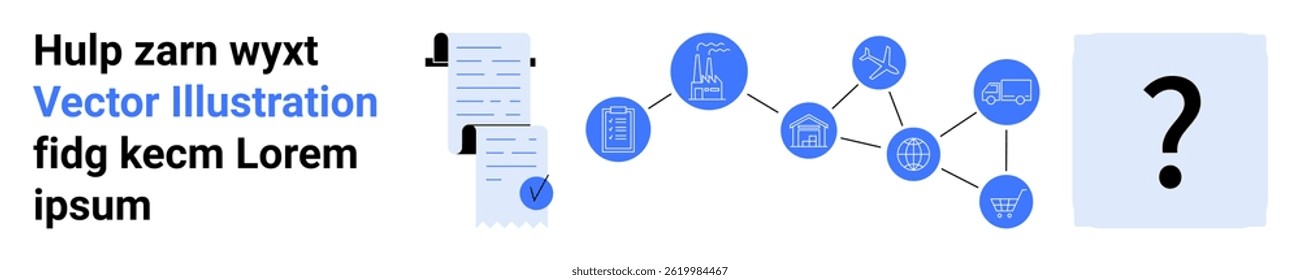 Infographic featuring documents, interconnected network nodes with various icons, and a question mark. Ideal for business processes, education, data analysis, problem-solving, research