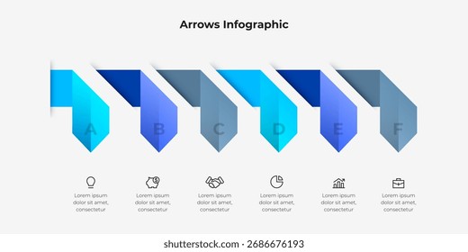 Infográfico com seis sobreposições, formas de seta coloridas. Este projeto transmite progressão, fluxo e visualização de dados adequados para apresentações, relatórios e material de marketing
