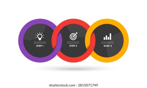 Infographic featuring three interconnected purple, red, yellow circles arranged to show sequential workflow ordered from one to three, vector 3d isolated on white background for presentation design