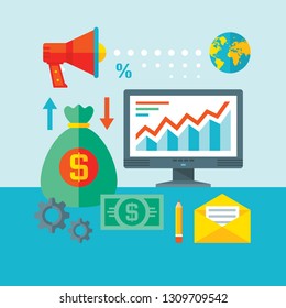 Infographic finance concept vector illustration in flat design style. Web analytics information and development website statistic. Computer, loudspeaker, letter, globe, money dollar, gear. SEO. 