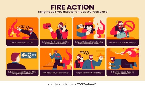 Infographic of fire action at workplace. Businesspeople discover accident and fire disaster in office, emergency situation. Workers with briefcase go to exit from flame. Cartoon flat illustration