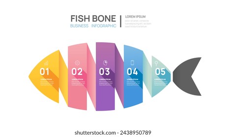 Plantilla de diagrama de hueso de pescado infográfico para negocios. 5 pasos, datos de marketing digital, infografías de vectores de presentación.