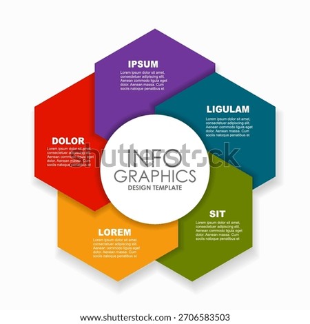 Infographic with five colorful hexagons around a central circle, ideal for business, planning, or presentation purposes. Vector illustration.