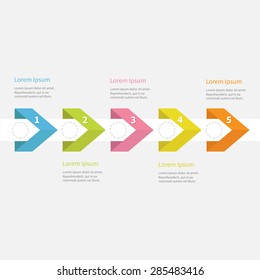 Infographic five step with ribbon arrow dashed circle and text. Template. Timeline Flat design. Vector illustration