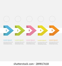 Infographic five step ribbon arrow dashed circle and text. Template. Timeline Flat design. Vector illustration
