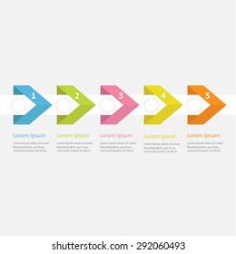Infographic five step  with ribbon arrow dashed circle and text. Template. Timeline Flat design. Vector illustration