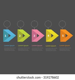 Infographic five step  with ribbon arrow dashed circle and text. Template. Timeline Dark background Flat design. Vector illustration