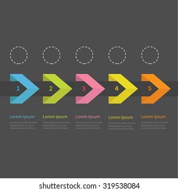 Infographic five step  ribbon arrow dashed circle and text. Template. Timeline Dark background Flat design. Vector illustration