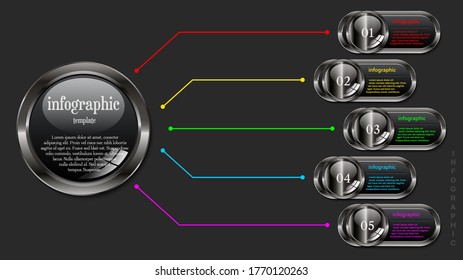 Infographic five steps chart, metal button, banner glossy