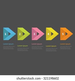 Infographic five steps with empty triangle arrow and text. Template. Timeline Dark background Flat design. Vector illustration