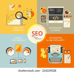 Infographic flat concept illustration of SEO. 4 items described