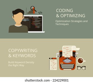 Infographic Flat Concept Process Of Website Coding And Content Copywriting As A Part Of SEO Optimization And Web Page Development And Keywords Building