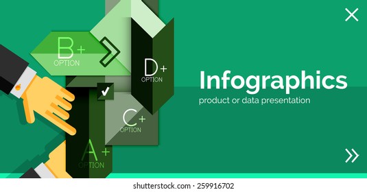 Banner de diseño plano e infográfico con las manos mostrando el producto o los datos