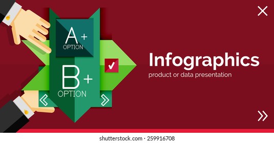 Infographic flat design banner with hands showing the product or data
