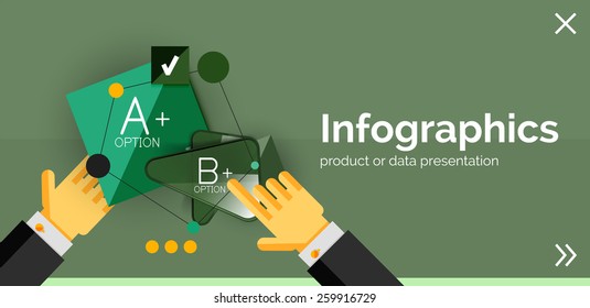 Infographic flat design banner with hands showing the product or data