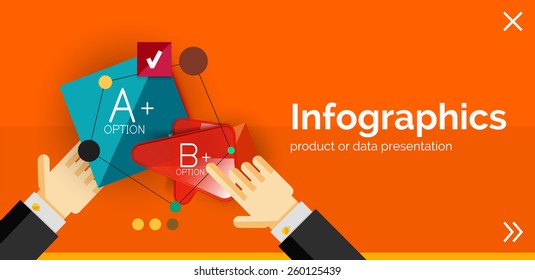 Infographic flat design banner with hands showing the product or data