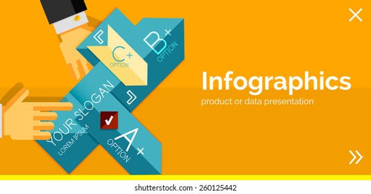 Infografik-Flachdesign-Banner mit Händen, die das Produkt oder die Daten zeigen
