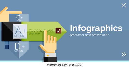 Infographic flat design banner with hands showing the product or data