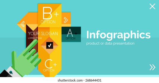 Infographic flat design banner with hands showing the product or data