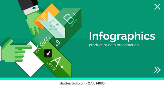 Infographic flat design banner with hands showing the product or data