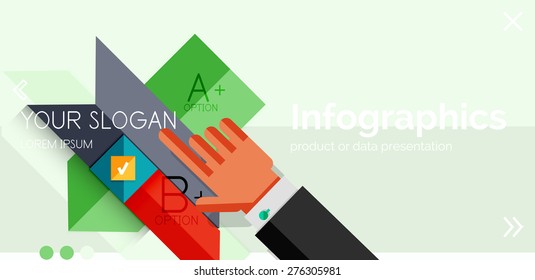 Banner de diseño plano e infográfico con las manos mostrando el producto o los datos