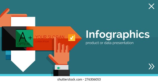 Banner de diseño plano e infográfico con las manos mostrando el producto o los datos