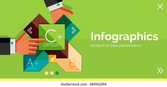 Infographic flat design banner with hands showing the product or data