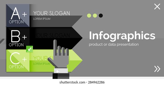 Infografik-Flachdesign-Banner mit Händen, die das Produkt oder die Daten zeigen