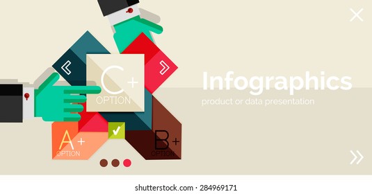 Banner de diseño plano e infográfico con las manos mostrando el producto o los datos