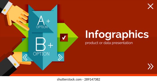 Infographic flat design banner with hands showing the product or data