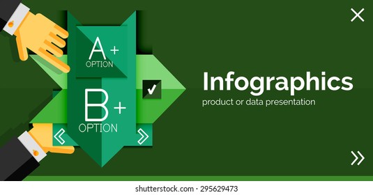 Infographic flat design banner with hands showing the product or data