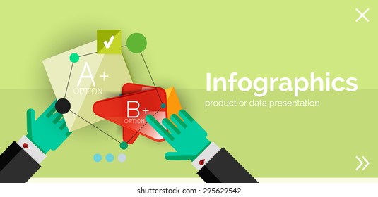 Infografik-Flachdesign-Banner mit Händen, die das Produkt oder die Daten zeigen