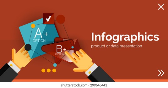 Infographic flat design banner with hands showing the product or data