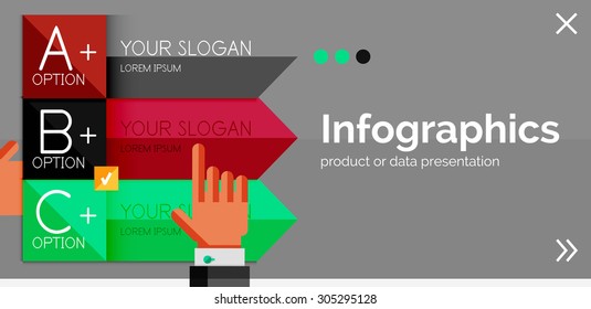 Banner de diseño plano e infográfico con las manos mostrando el producto o los datos