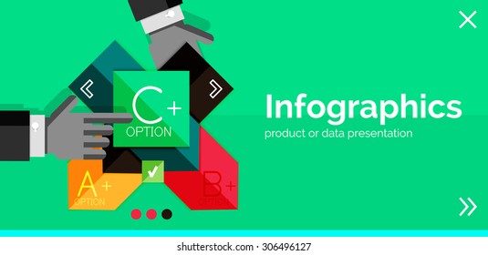 Infographic flat design banner with hands showing the product or data