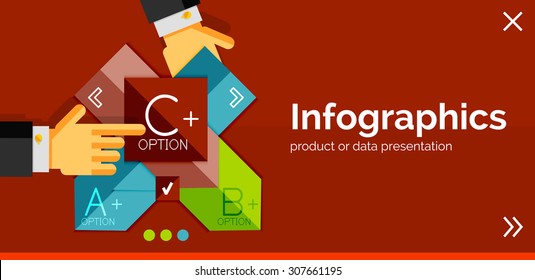 Banner de diseño plano e infográfico con las manos mostrando el producto o los datos