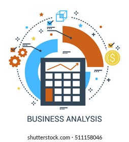 Concepto de diseño plano e informativo de análisis de negocio, análisis de mercado, desarrollo de planes de negocio, cálculo de costes, estadísticas. Icono moderno de línea delgada.