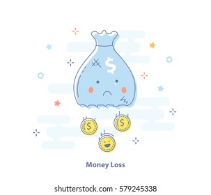 Infographic Flat Design Concept Of Financial Loss, Money Expenses. Money Bag With Falling Coins. Modern Thin Line Icon In Light Colors For Website, Mobile And Apps.