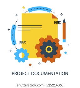 Infographic Flat Design Concept Of Project Documentation, Development And Production Plan, Report, Guide Or Brief. Modern Thin Line Icon Concept For Website Element, Mobile Websites And Apps.