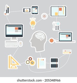 Infographic. Flat design modern vector illustration icons set of SEO website searching optimization and technology development object and equipment in stylish colors.