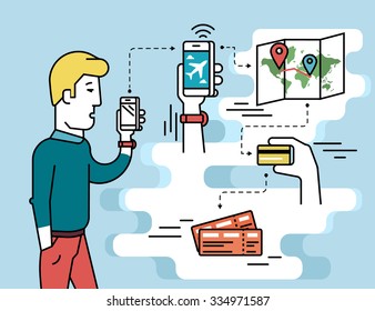 Infographic flat illustration of mobile app for booking air passage. Contour man holds in his hand white smartphone and going to order airplane boarding tickets