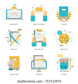 Infographic flat line icons collection for e-learning, education, courses, evaluation, writing, university, tutorials, e-book vector illustration. Line icons set. Flat design web graphic elements