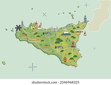 infographic flat map design sicily island italy, a travel map design for beautiful island at mediterranean sea.